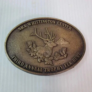 NRA Whittington Center Belt Buckle 3rd Annual Trophy Elk Hunt Buck Deer 3.5x2.5"
